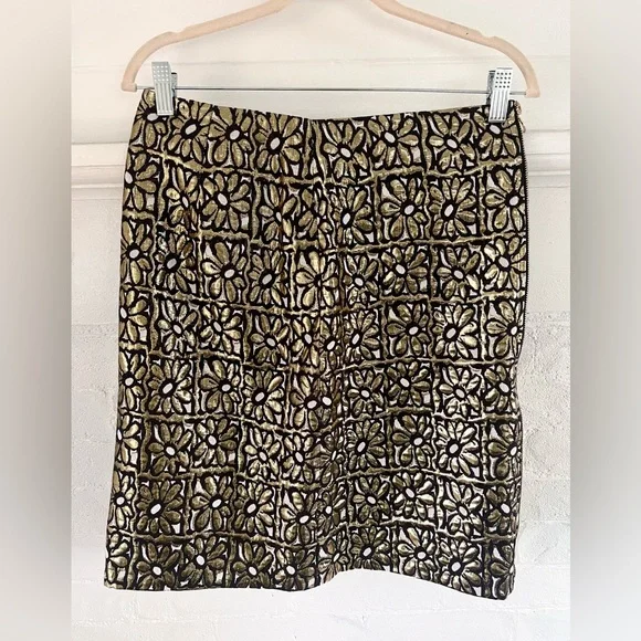 J. McLaughlin Perita Mini Skirt Vintage Daisy Gold Metallic Brocade Zip Front - Picture 4 of 14